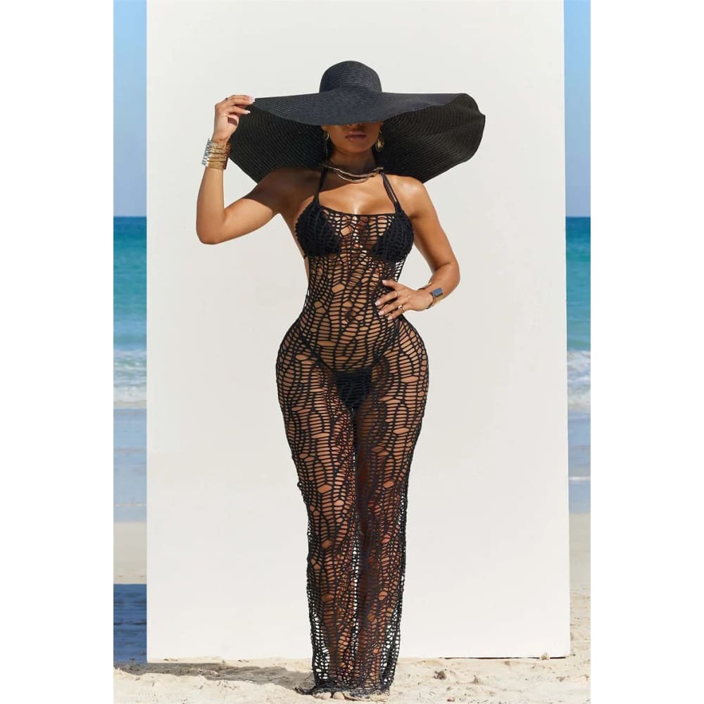 Sexy Crochet Hollow Out 3-Piece Beach Bikini Set - black / S On sale