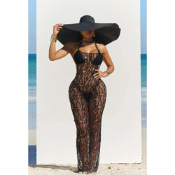 Black crochet hollow-out 3-piece beach bikini set, halter neckline and long openwork maxi