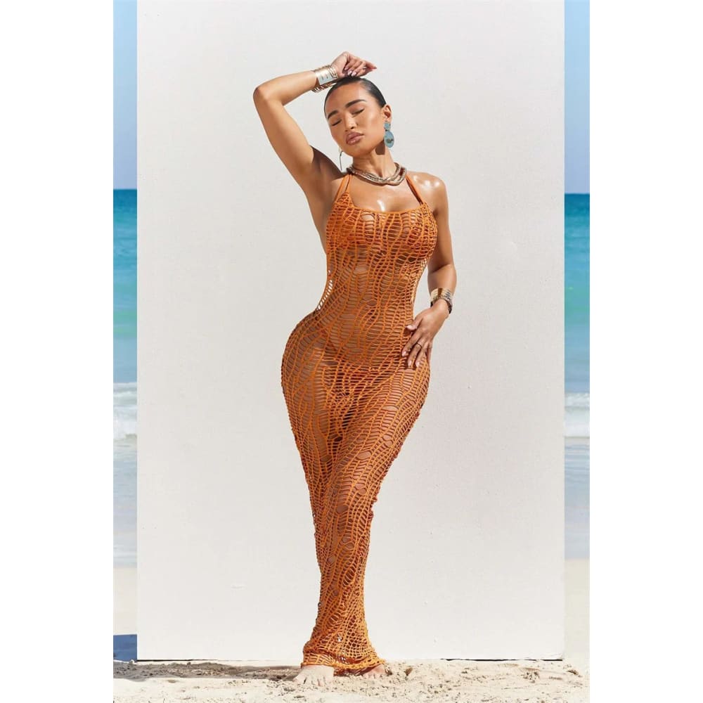 Sexy Crochet Hollow Out 3-Piece Beach Bikini Set - Camel / S On sale