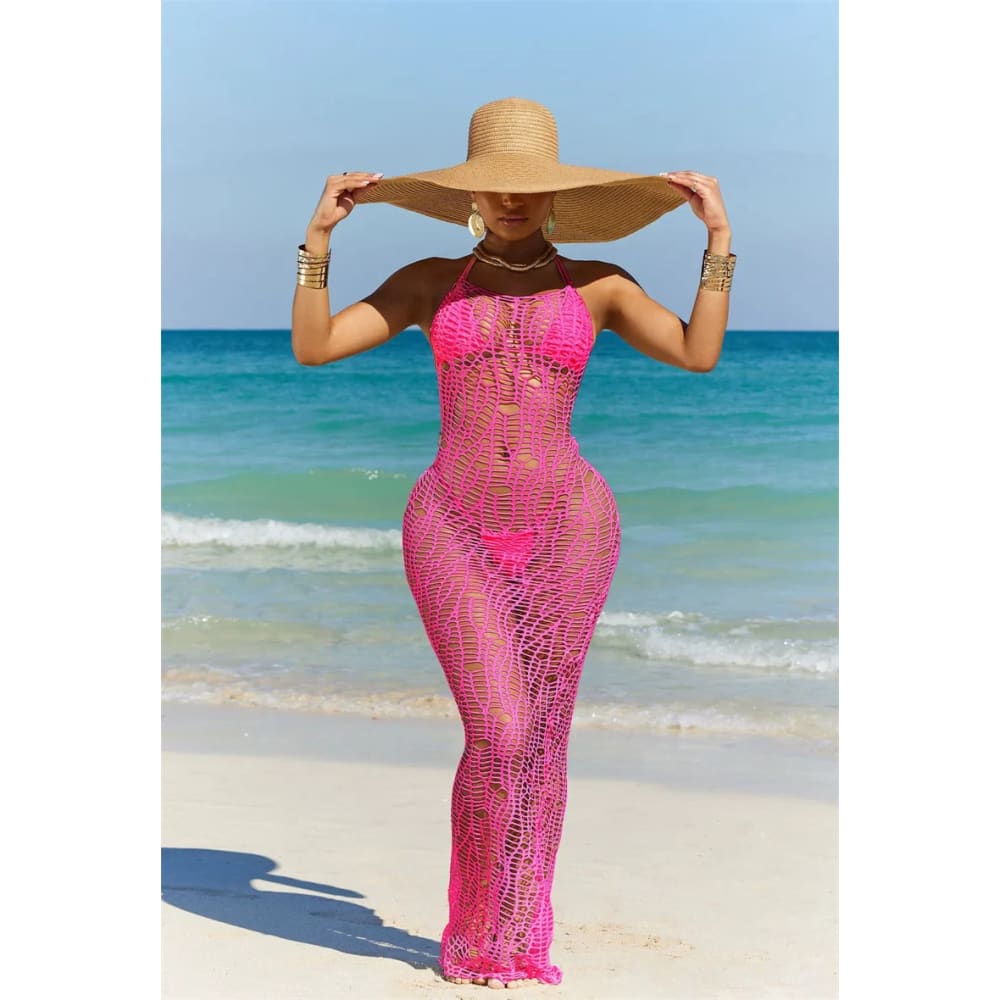 Sexy Crochet Hollow Out 3-Piece Beach Bikini Set - Rose Red / S On sale