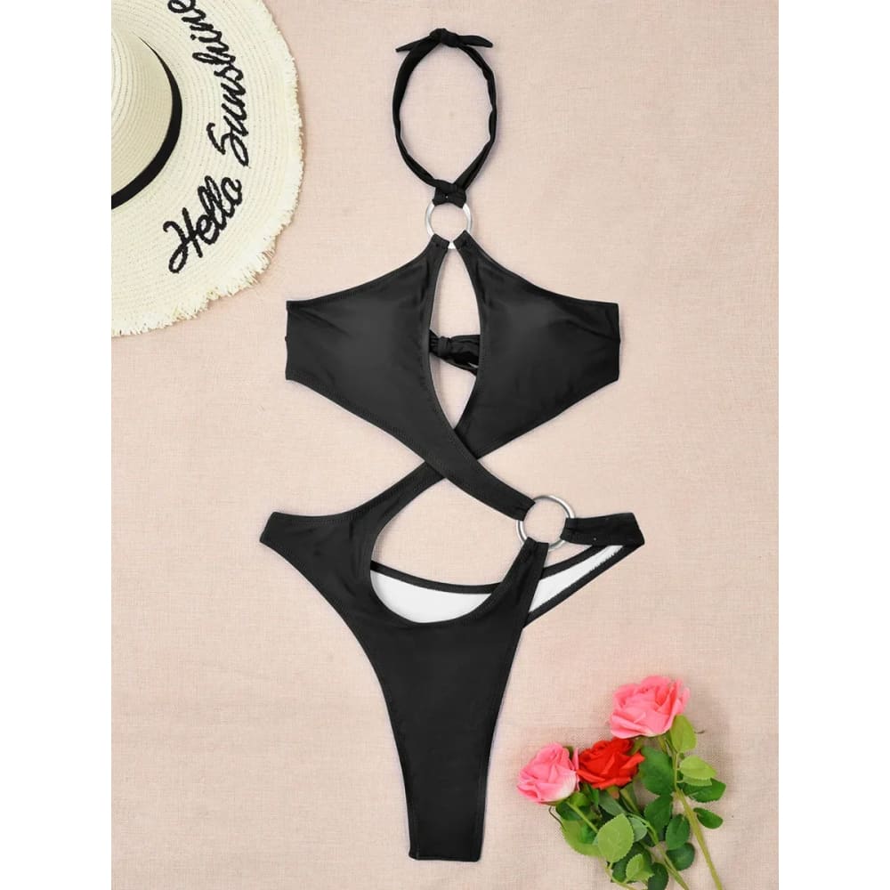 Sexy Cut-Out Halter Monokini – Thong One Piece Swimsuit - Black2 / L On sale