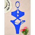 Blue cut-out halter monokini with ring detail, thong one-piece and open neckline
