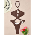 Coffee-brown cut-out halter monokini thong one-piece swimsuit with ring clasp