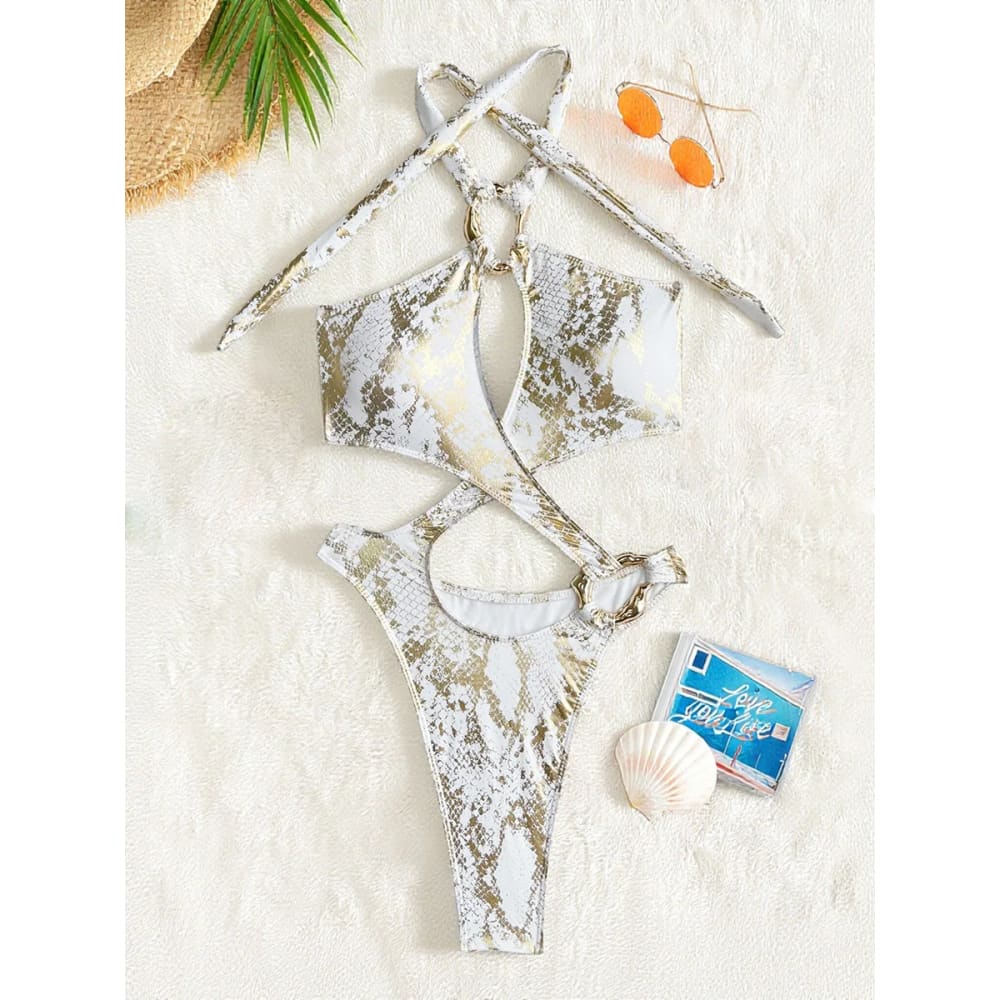 Sexy Cut-Out Halter Monokini – Thong One Piece Swimsuit - Golden / S On sale