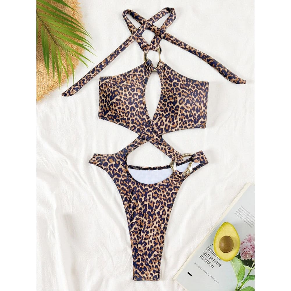 Sexy Cut-Out Halter Monokini – Thong One Piece Swimsuit - Leopard / S On sale