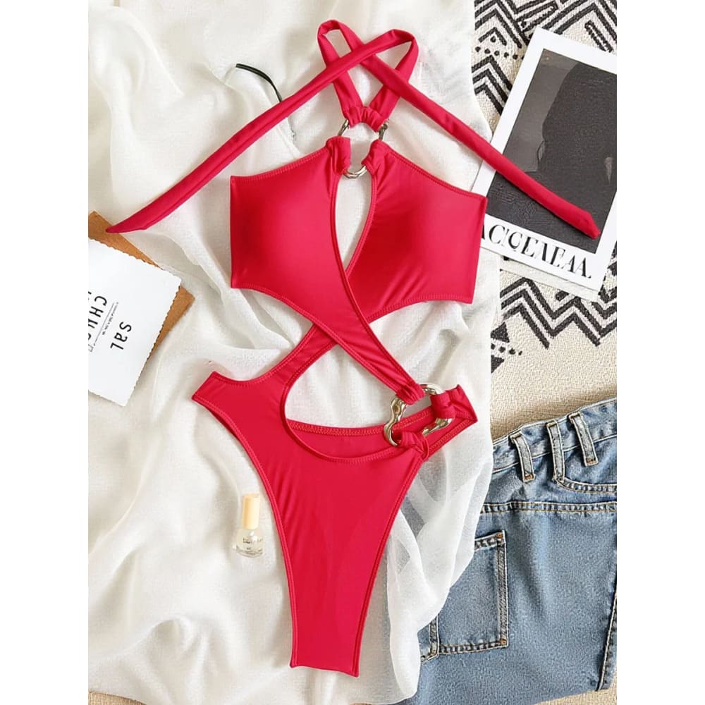 Sexy Cut-Out Halter Monokini – Thong One Piece Swimsuit - Red / L On sale