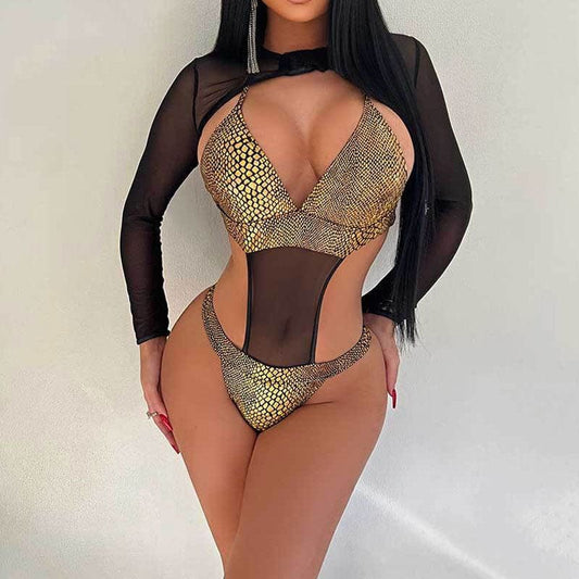 Sexy Cutout Snake Monokini Sheer Mesh Cover Up - Gold / S On sale