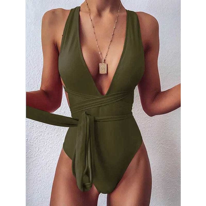 Sexy Deep V Neck Backless Brazilian One Piece Swimsuit - deep green / L / China On sale
