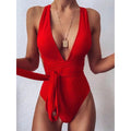 Sexy Deep V Neck Backless Brazilian One Piece Swimsuit - Red / L / China On sale