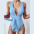 Sexy Deep V Neck Backless Brazilian One Piece Swimsuit - sky blue 2 / L / China On sale