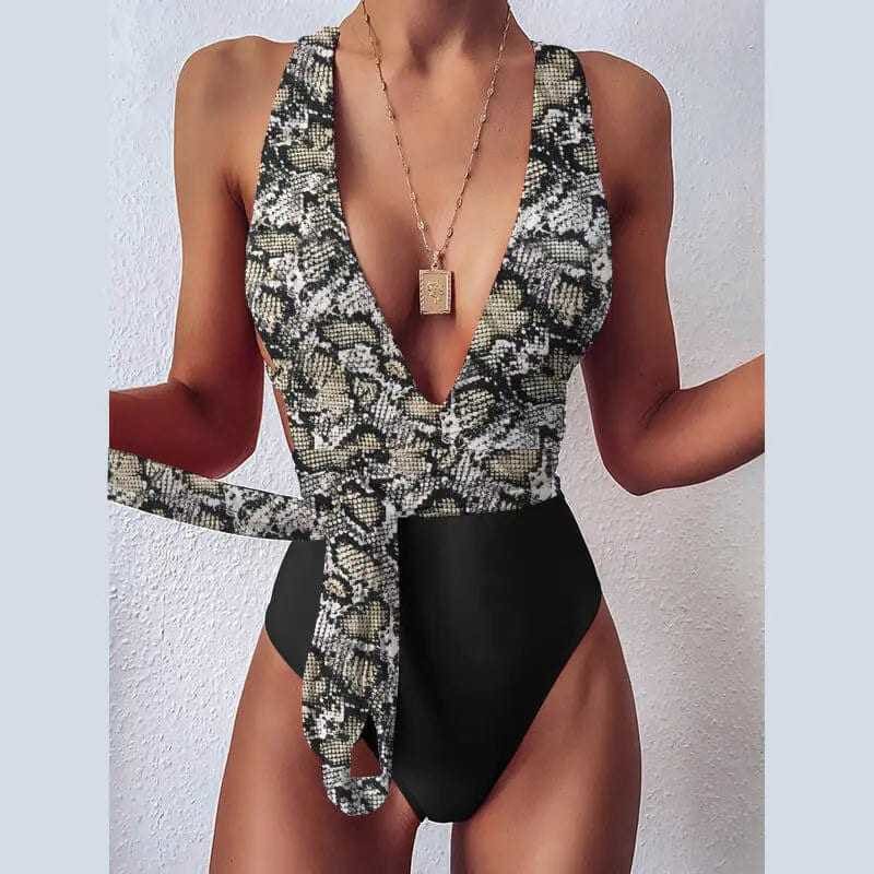 Sexy Deep V Neck Backless Brazilian One Piece Swimsuit - tiger 1 / M / China On sale