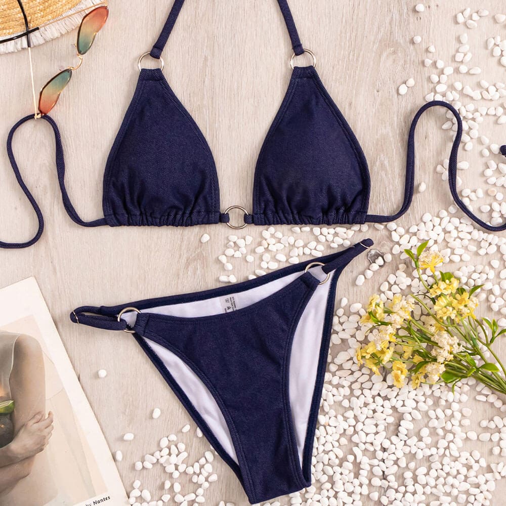Sexy Denim O Ring High Leg Triangle Brazilian Bikini - On sale