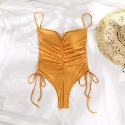 Sexy Drawstring One - piece Pleated Sling Bikini - On sale