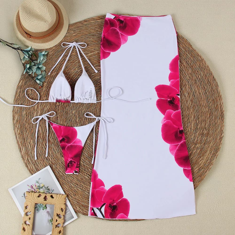 Sexy Floral 3-Piece Micro Bikini Set with Long Skirt - On sale