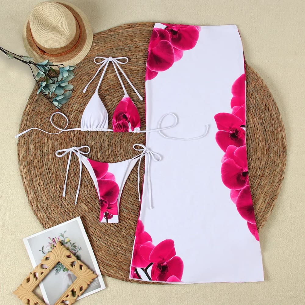 Sexy Floral 3-Piece Micro Bikini Set with Long Skirt - On sale