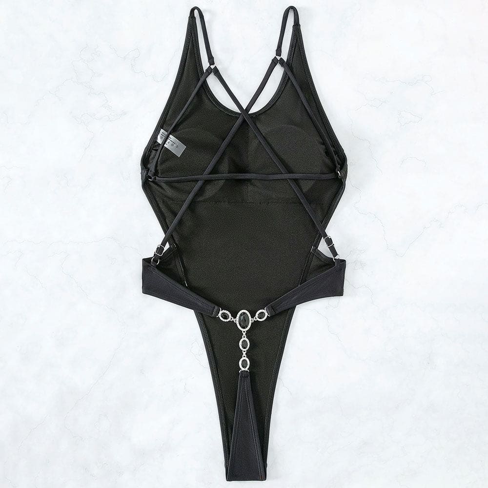 Sexy Gemstone Thong Strappy One Piece Swimsuit - On sale