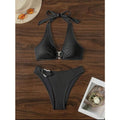 Black bikini set front flat lay: tie halter triangle top and high-rise high-cut briefs