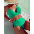Sexy High-Waist Halter Bikini Set in green, ruched high-waist bottoms and halter bikini top