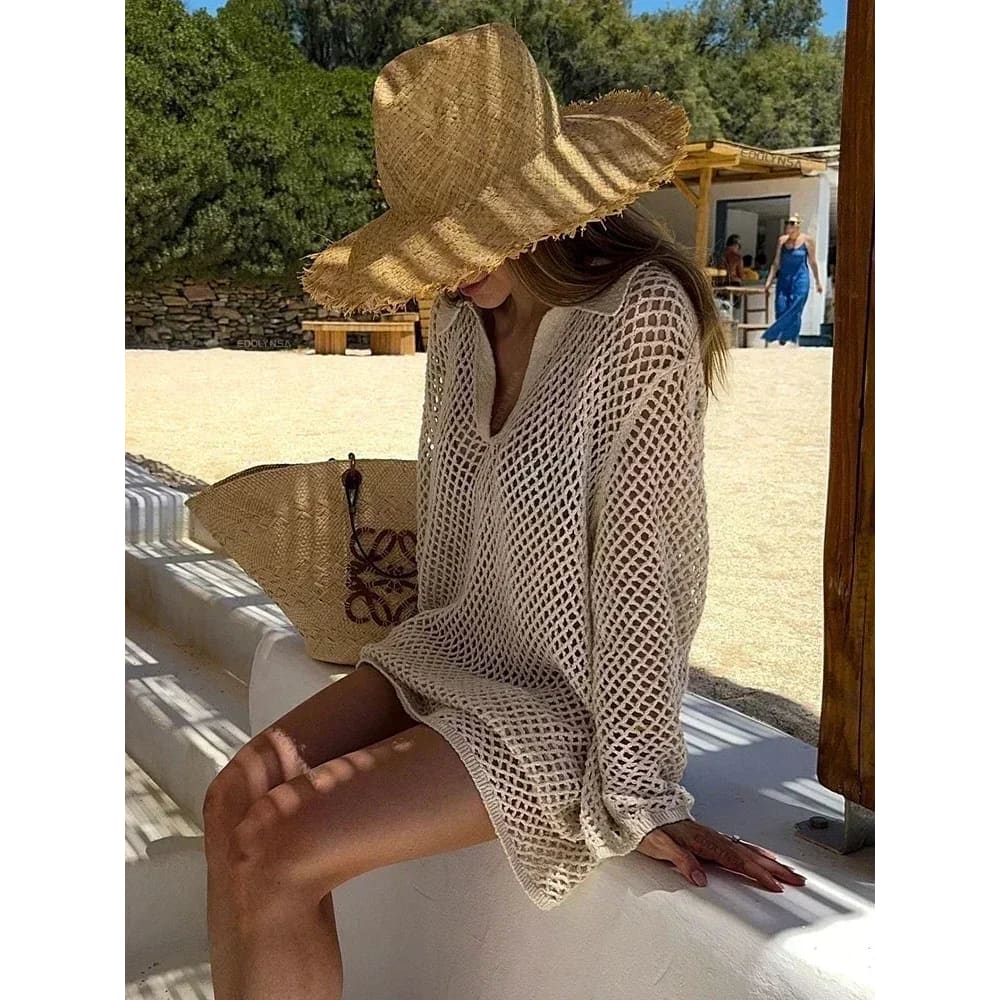 Sexy Hollow-Out Knit Beach Cover-Up Mini Dress - On sale