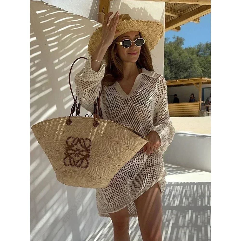 Sexy Hollow-Out Knit Beach Cover-Up Mini Dress - On sale