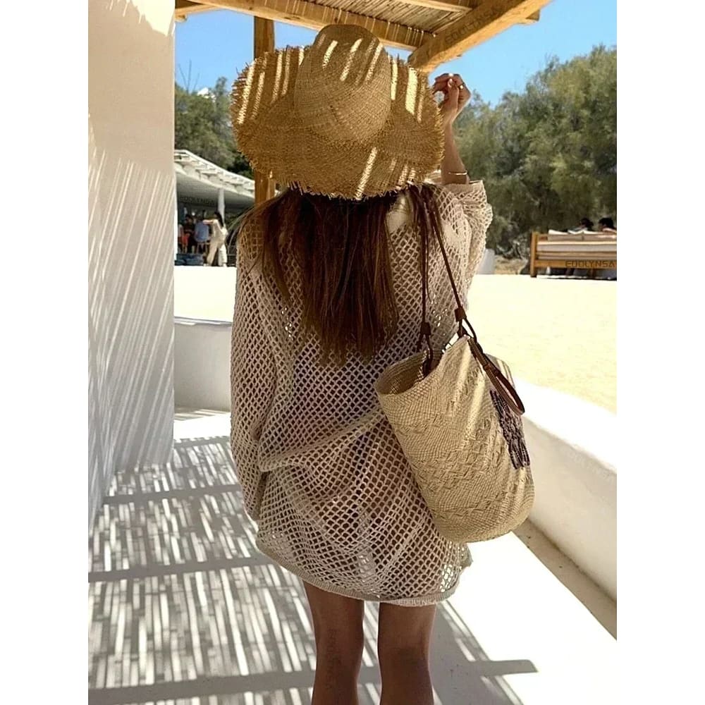 Sexy Hollow-Out Knit Beach Cover-Up Mini Dress - On sale