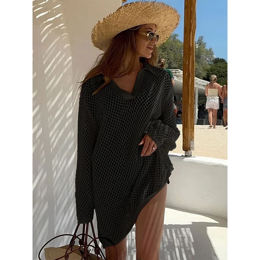 Sexy Hollow-Out Knit Beach Cover-Up Mini Dress - black / L On sale