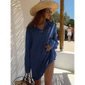 Blue hollow-out knit beach cover-up mini dress, V-neck, long sleeves