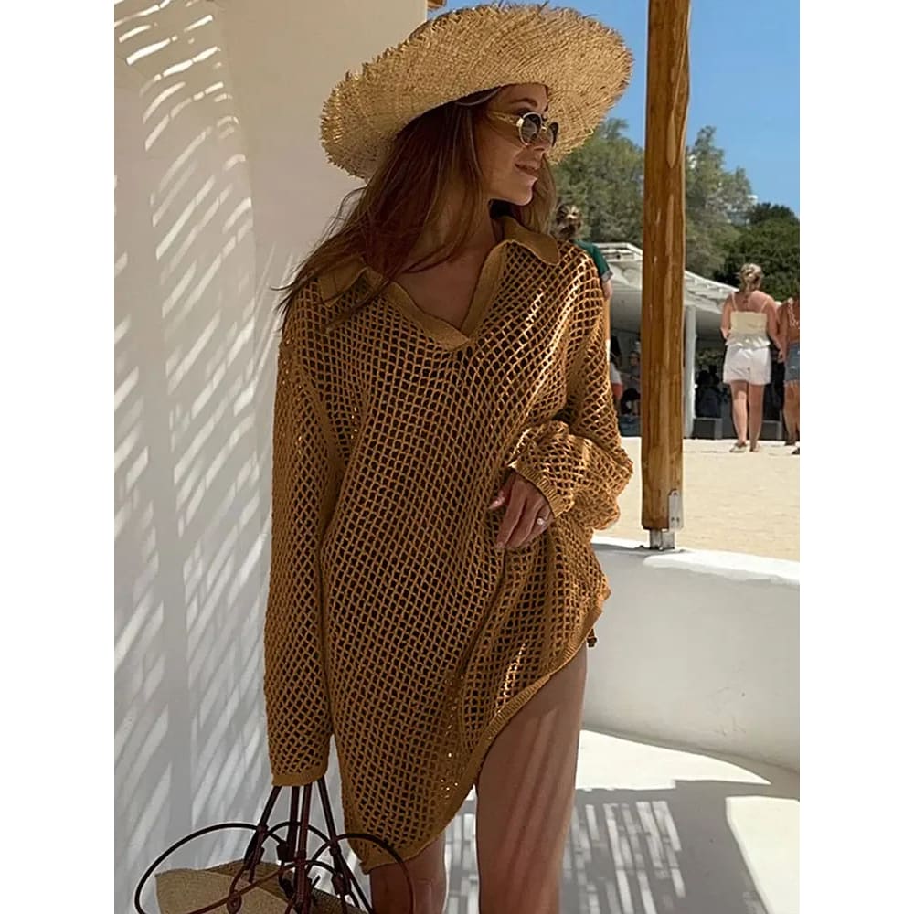 Sexy Hollow-Out Knit Beach Cover-Up Mini Dress - Brown / M On sale