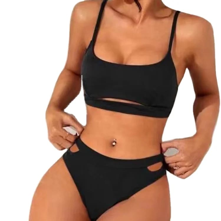 Sexy Hollow‑Out Solid Bikini Set – Backless Two‑Piece Swimwear - On sale