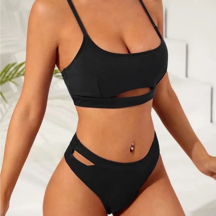 Sexy Hollow‑Out Solid Bikini Set – Backless Two‑Piece Swimwear - On sale