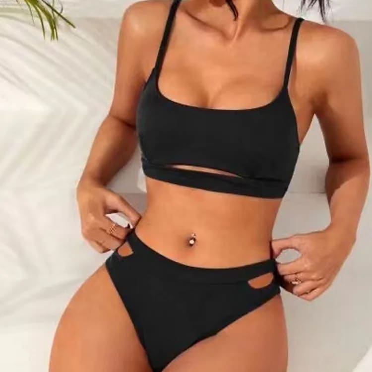 Sexy Hollow‑Out Solid Bikini Set – Backless Two‑Piece Swimwear - Black / L(8-10) On sale