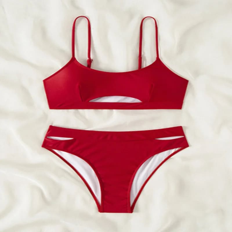 Sexy Hollow‑Out Solid Bikini Set – Backless Two‑Piece Swimwear - Red / L(8-10) On sale