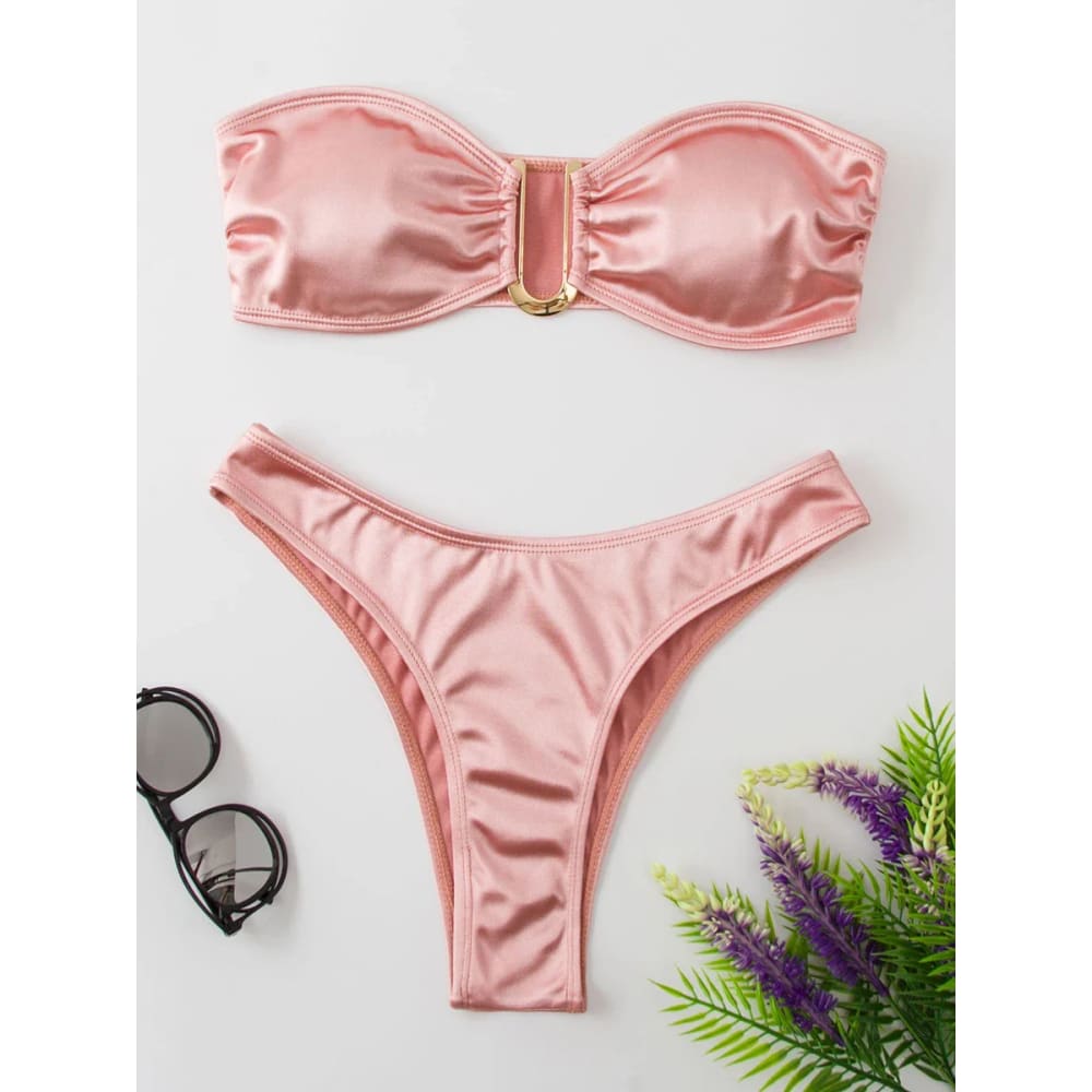 Sexy Low-Waist Bandeau Bikini Set – Solid Color & Padded - On sale