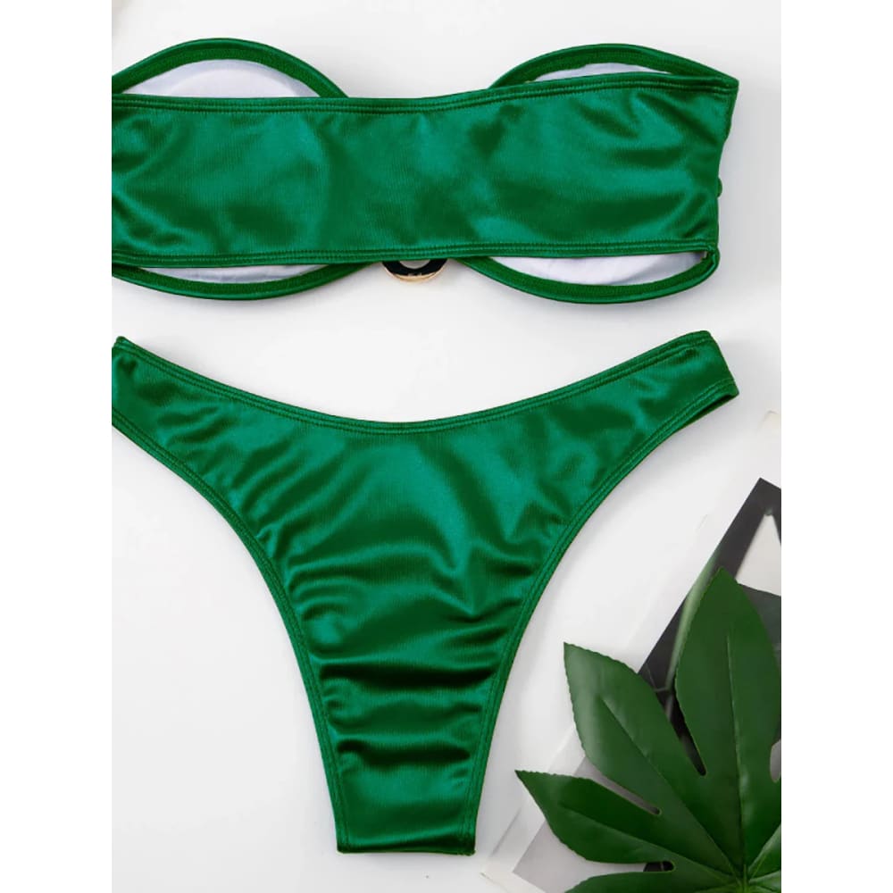 Sexy Low-Waist Bandeau Bikini Set – Solid Color & Padded - On sale
