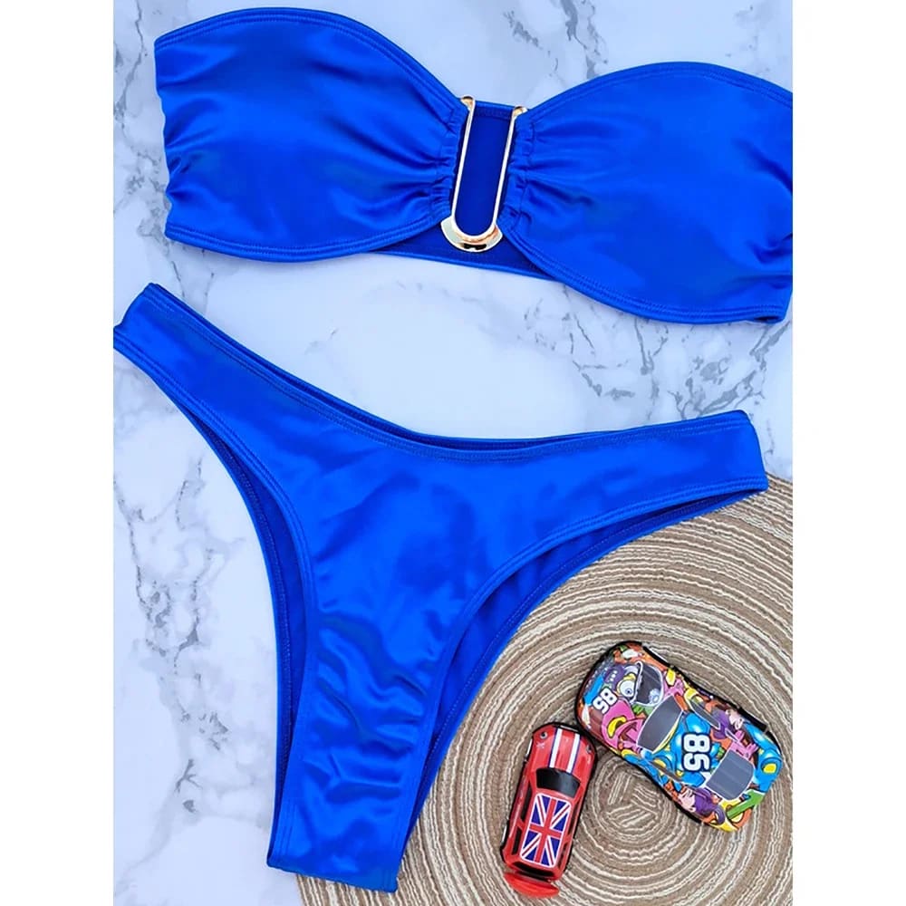 Sexy Low-Waist Bandeau Bikini Set – Solid Color & Padded - Blue / M On sale
