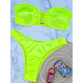 Fluorescent green padded bandeau bikini set with low-rise bottoms, gold ring center clasp