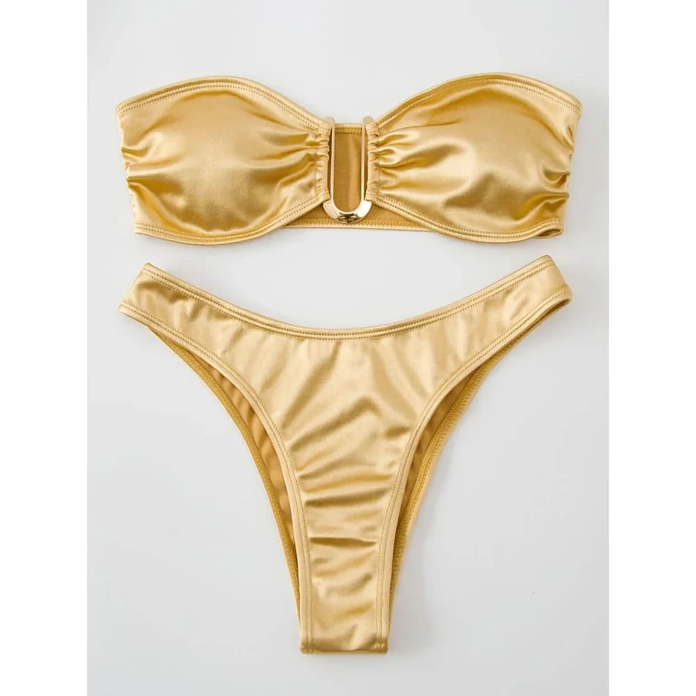 Sexy Low-Waist Bandeau Bikini Set – Solid Color & Padded - Gold / L On sale