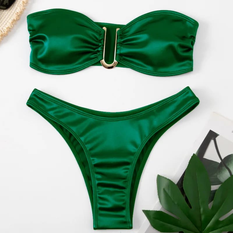 Sexy Low-Waist Bandeau Bikini Set – Solid Color & Padded - green / S On sale