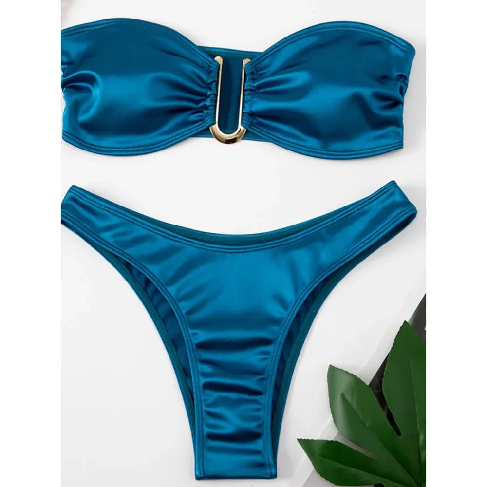 Sexy Low-Waist Bandeau Bikini Set – Solid Color & Padded - Malachite Blue / L On sale
