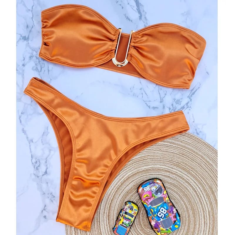 Sexy Low-Waist Bandeau Bikini Set – Solid Color & Padded - Orange / L On sale