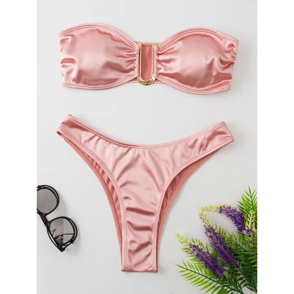 Sexy Low-Waist Bandeau Bikini Set – Solid Color & Padded - Pink / M On sale