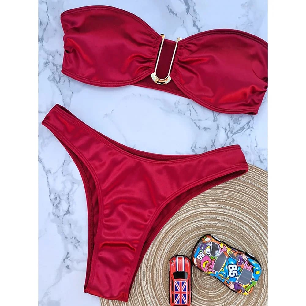 Sexy Low-Waist Bandeau Bikini Set – Solid Color & Padded - Red / L On sale