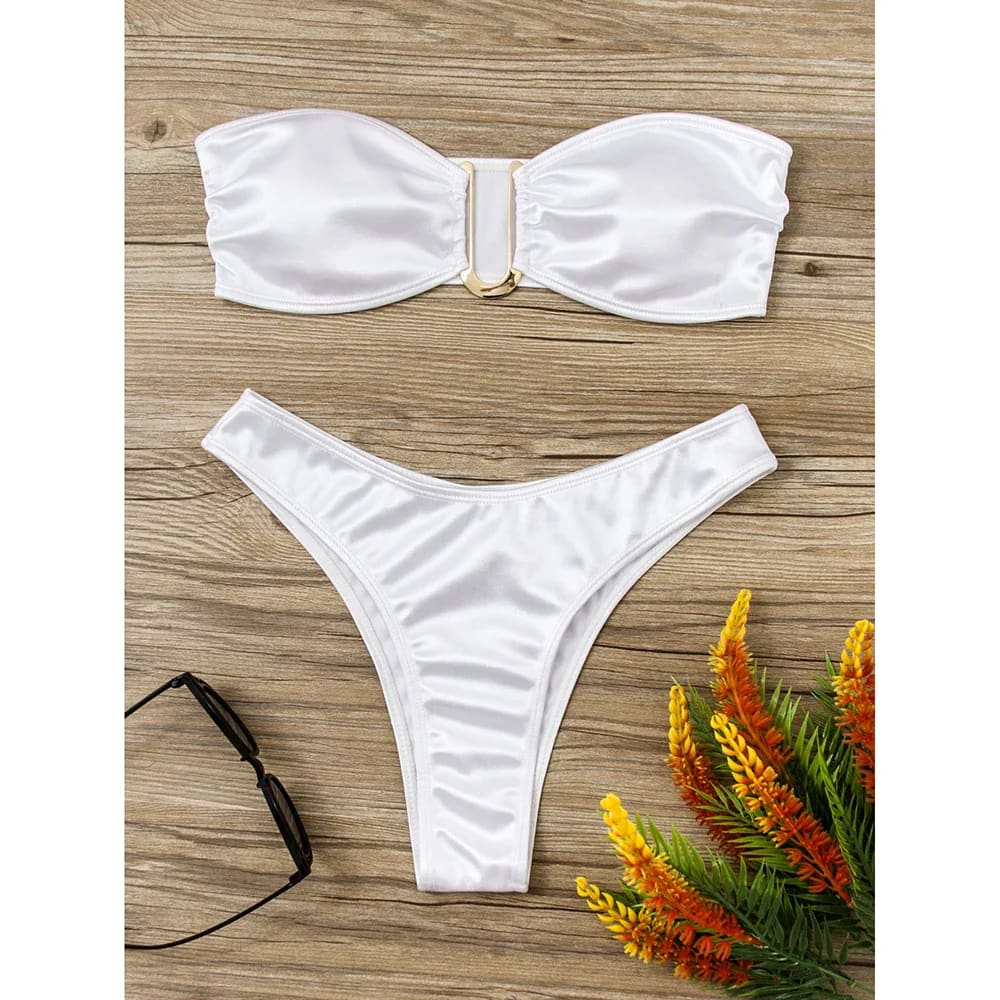 Sexy Low-Waist Bandeau Bikini Set – Solid Color & Padded - WHITE / L On sale