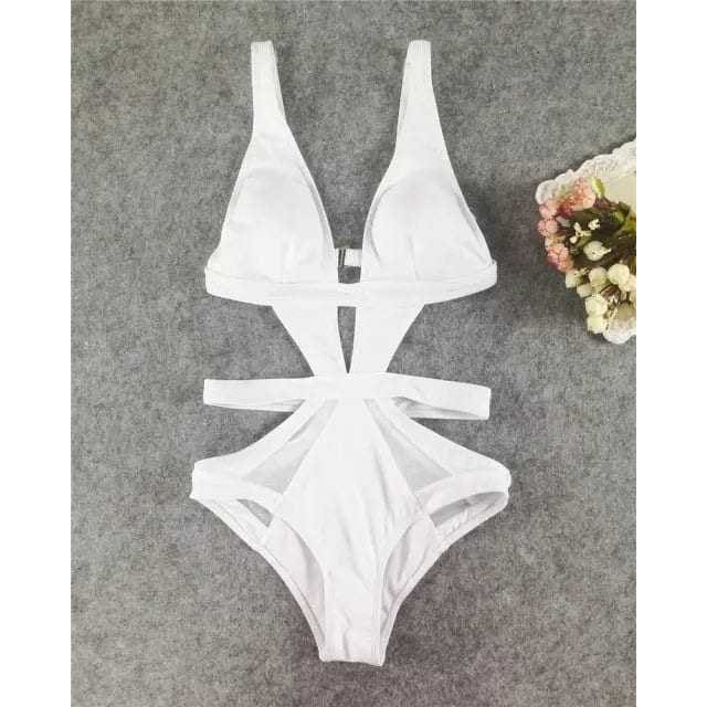 Sexy Mesh Cut Out V Monokini One Piece Swimsuit - white / L On sale