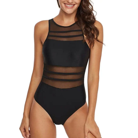 Sexy Mesh High Neck Backless One Piece Swimsuit - black / M On sale