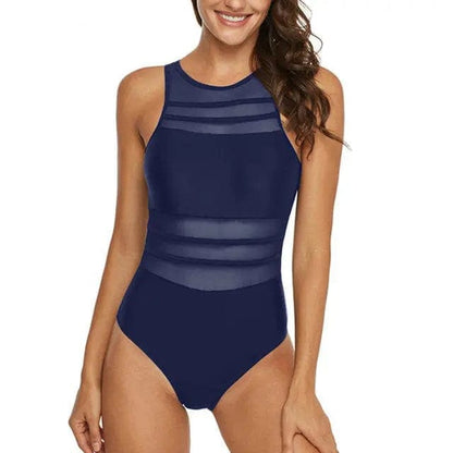 Sexy Mesh High Neck Backless One Piece Swimsuit - Navy / XXL On sale