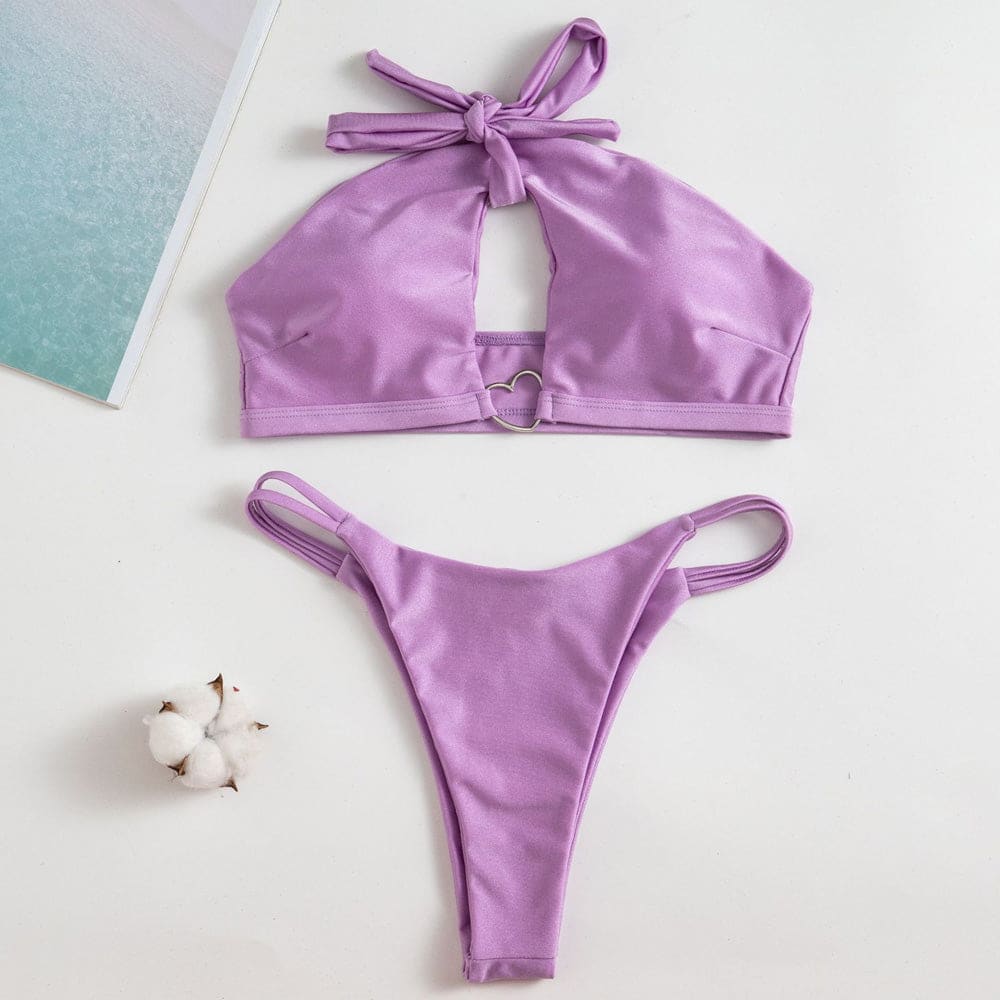 Sexy Metal Heart Cutout Halter Brazilian Bikini Swimsuit - On sale