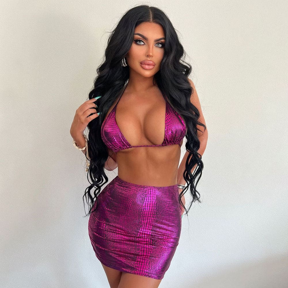 Sexy Metallic Snake Print Brazilian Bikini Set - Fuchsia / S On sale