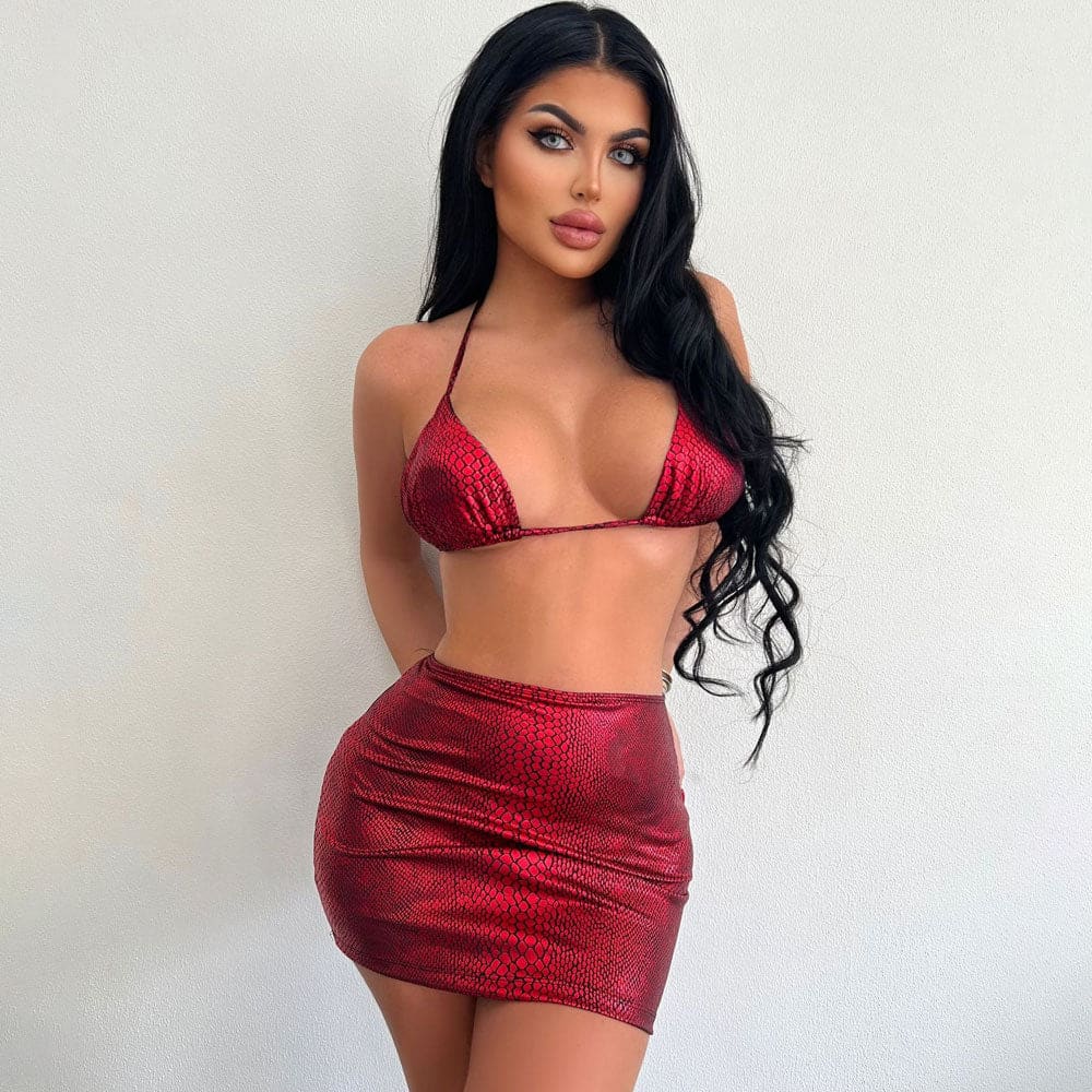 Sexy Metallic Snake Print Brazilian Bikini Set - Red / S On sale