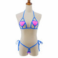 Blue lace-up micro bikini set on mannequin: heart triangle bra, thong bottoms